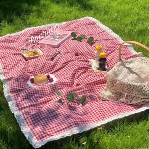 Spring outing mat picnic mat outdoor camping portable moisture-proof mat thickened beach outing red plaid grass floor mat

