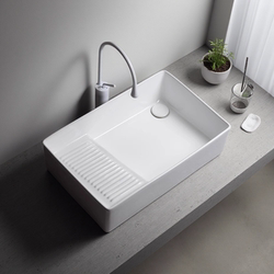Countertop Basin with Washboard, Laundry Basin with Side Drainage on the Left and Right, Balcony Ceramic Single Sink Basin
