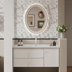 French-Style Vintage White Light Luxury Bathroom Cabinet Set with Integrated Ceramic Basin, Smart Mirror, and Washbasin Cabinet