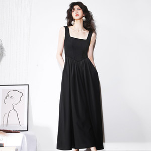 
P69 ballet style fish bone line design curved splicing high waist retro square neck slim fit European and American dress