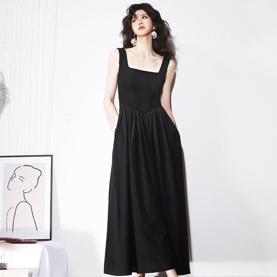 
P69 ballet style fish bone line design curved splicing high waist retro square neck slim fit European and American dress