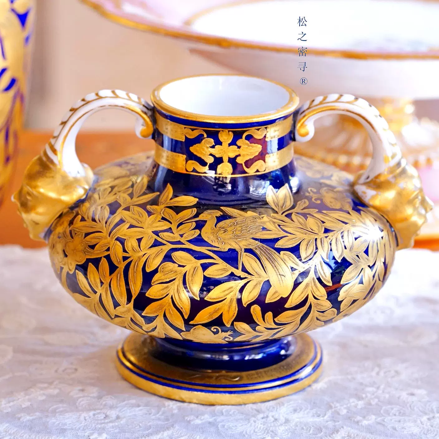 花瓶 Crown Derby 1880s英国皇家皇冠德比Royal Crown Derby钴蓝手绘金骨