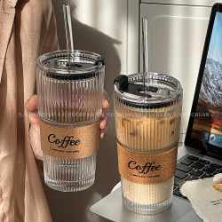 High-Looking Glass Cup with Lid and Straw, Vertical Stripes, Large Capacity Water Cup, Summer Iced Coffee Cup, Latte Drink Cup