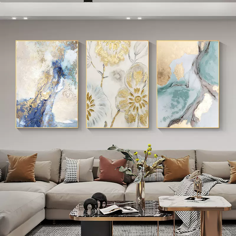 挂在客厅墙上的装饰画三联组合挂画沙发背景墙油画高档大气三连画-Taobao