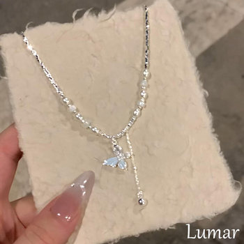 
S925 sterling silver broken silver blue butterfly pearl necklace