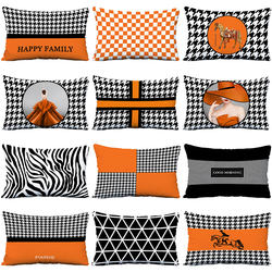 Nordic Orange Geometric Sofa Cushion, Light Luxury Houndstooth Headboard Cushion, Apartment Zebra Pattern Lumbar Pillow Cover, Guchen Cover