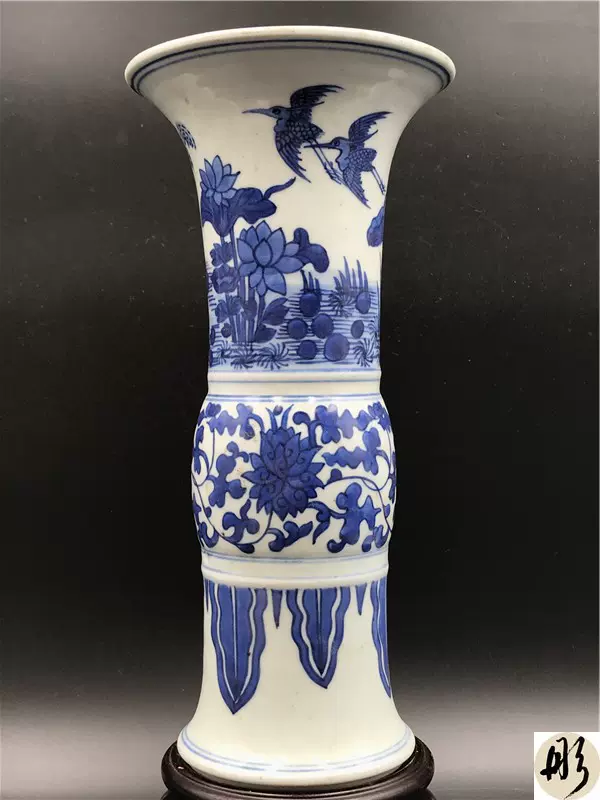 一口价古董老瓷器清代青花瓷花鸟凤尾尊花觚花瓶装饰