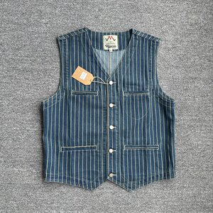 
British style denim striped vest men's retro slim vest V-neck stacked American workwear casual vest for men