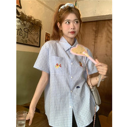 College Retro Blue Polo Collar Short-Sleeved Shirt for Women 2025 Summer New Loose and Versatile Plaid Embroidered Shirt