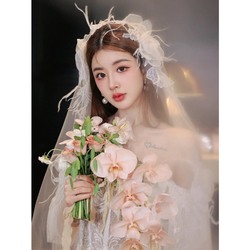 Shuiwu R0416 Bridal Veil Korean White Feather Long Veil Fairy Flower Pastoral Style Wedding Hair Accessories