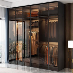 Solid Wood Wardrobe for Bedroom, Home Use, Glass Door, L-Shaped, Modern Light Luxury Corner Walk-In Closet Storage Cabinet Combination Wardrobe