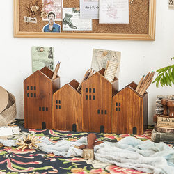 Japanese Retro Desk Office Wooden Desktop Storage Box Creative Ornament Paintbrush Colored Pencil Makeup Brush Holder Pen Holder