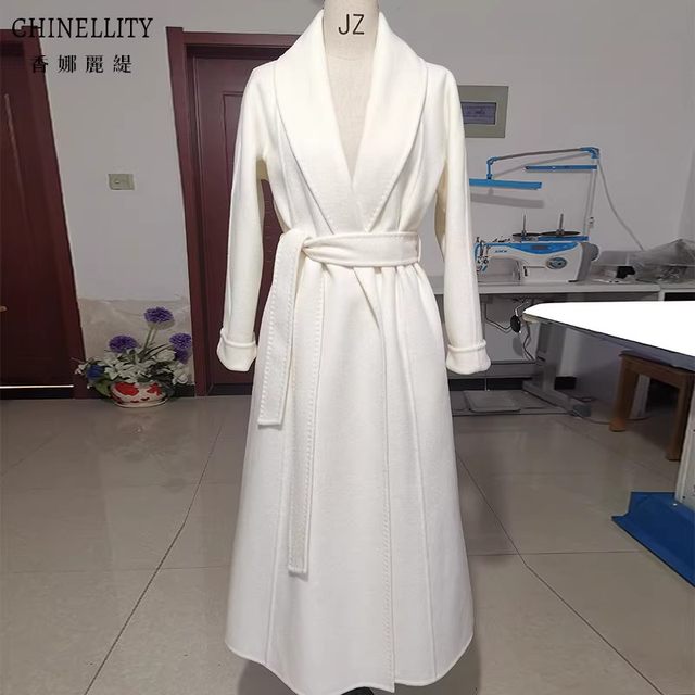 White thickened double-sided cashmere coat with large lapel high-end mid-length temperament woolen coat for autumn and winter new women