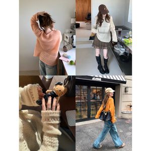 
siii 2025 early autumn orange hollow long-sleeved blouse for women's autumn thin loose lazy style sweater top