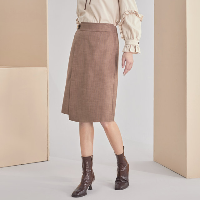 EMOO Yangmen high-waisted skirt for women plaid commuting mid-skirt design sense slit straight skirt spring new style