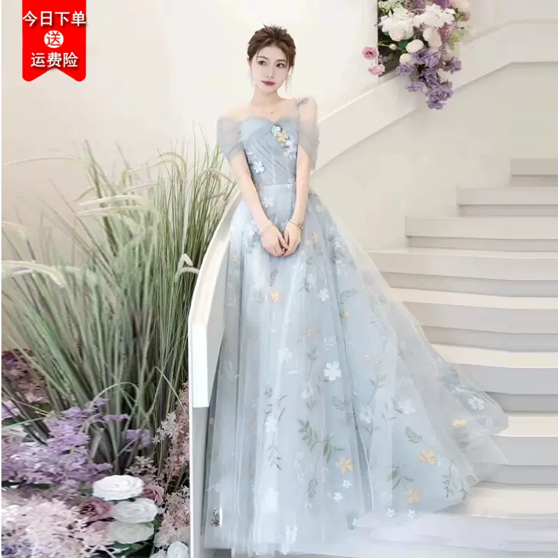 法式晚礼服裙2023新款成人礼一字肩小个子宴会气质主持人高级感女-Taobao