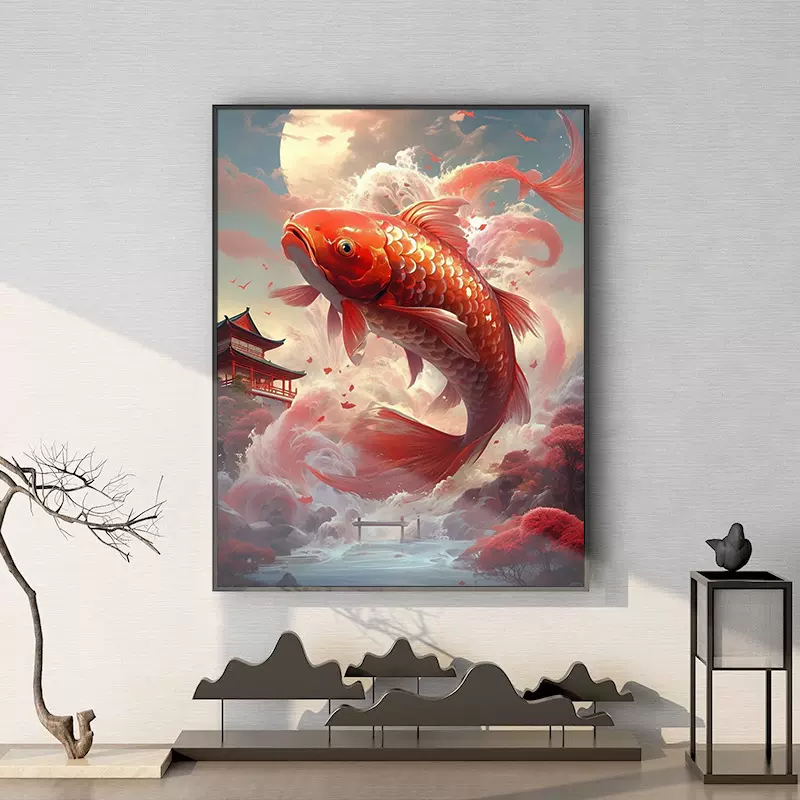 魚躍龍門裝飾畫玄關手繪油畫新中式客廳飯廳招財錦鯉紅色鯉魚掛畫-Taobao