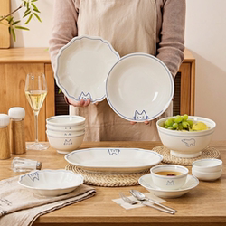 Underglaze Colored Household Ceramic Bowls and Plates, Jingdezhen Hand-Painted Japanese-Style Round Plates, Deep Plates, Rice Bowls, Noodle Bowls Set