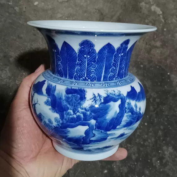 高仿古清代大清雍正年制青花山水纹陶瓷渣斗官