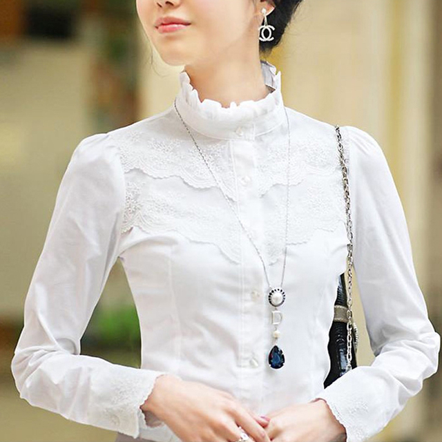 Autumn shirt for women long sleeves plus velvet large size lace stand collar lace professional cotton shirt slim base top inch