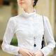 Autumn shirt for women long sleeves plus velvet large size lace stand collar lace professional cotton shirt slim base top inch