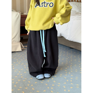 
Harper kids autumn and winter velvet trousers for girls with contrasting color drawstring scimitar thickened warm children's leggings sweatpants