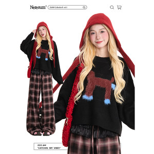 
NERESUM fun puppy flocking round neck sweater for women lazy style soft glutinous loose short pullover knitted sweater