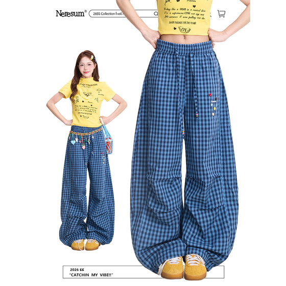
NERESUM retro scimitar plaid pants for women, American fashion brand pleated overalls, slimming wide-leg sports pants