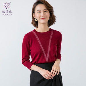 洛薇雅圆领羊毛衫女2024新款直筒七分袖镂空亮丝针织打底衫上衣