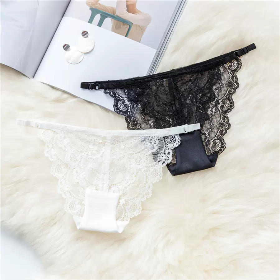 一字真丝t裤女性感桑蚕丝透明女内裤低腰蕾丝拼接缎面丁字裤夏季 Taobao