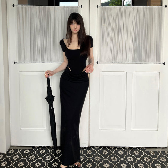 
Lienni 2025 summer new high-waist slim pullover square collar fake two-piece knitted long dress for women