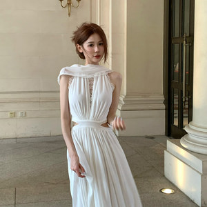 Lienni 2025 summer new style high-waist slim hollow waist-exposed white shawl long dress for women