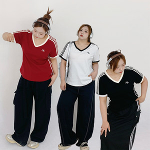
Milu's large-size women's summer American three-bar casual v-neck front shoulder short-sleeved T-shirt fat mm slim top trendy