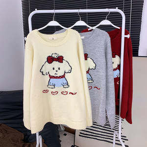 
Milu plus size women's winter age-reducing cute cartoon round neck right shoulder pullover sweater fat mm slim top trendy
