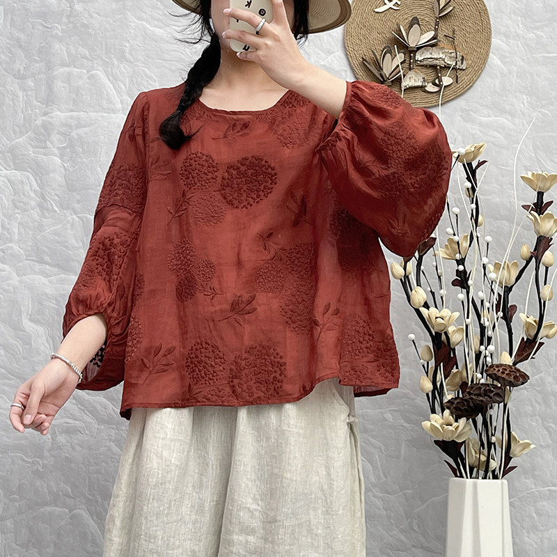2025  23/4/Tea Ancient/Spring and Summer Literary Retro Ramie Printed Crew Neck Pullover Shoulder Medium Long Shirt
