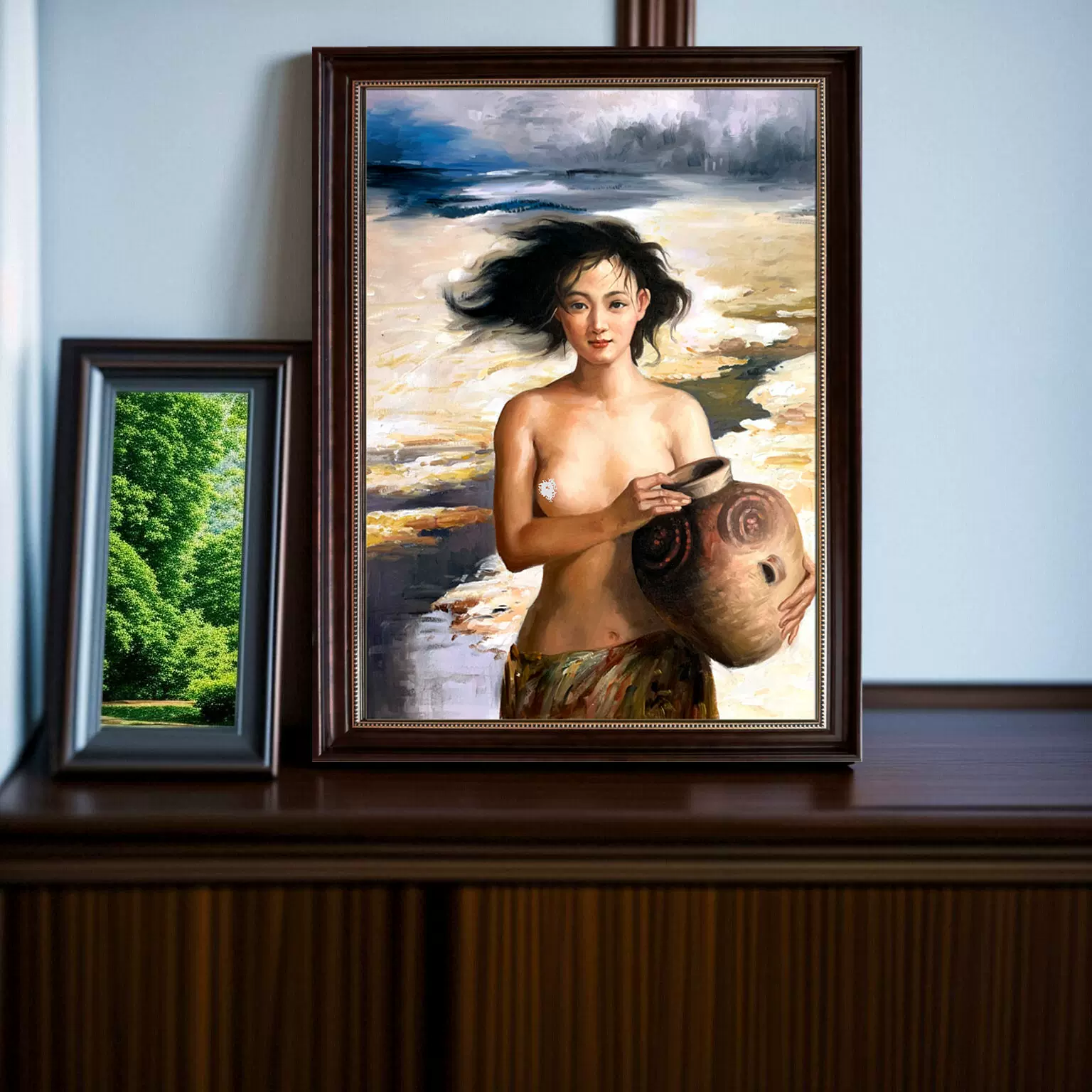 裸女油画 手绘裸女装饰潘洪海远古的风油画民族风美女抱瓶挂画卓克