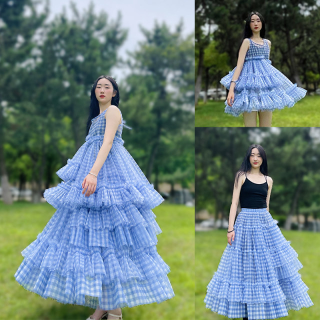 Jane Ai Garden plaid mesh stitching asymmetric half -bodies skirt niche design sense puff JA83
