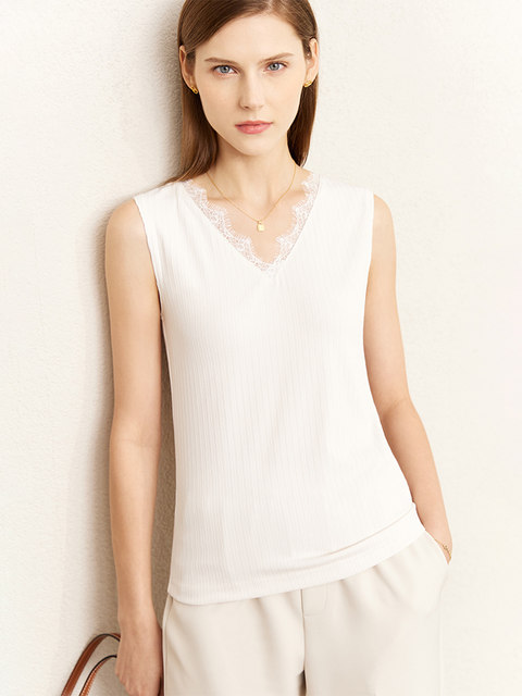 Amii2024 new autumn lace splicing design V-neck wide shoulder camisole ...