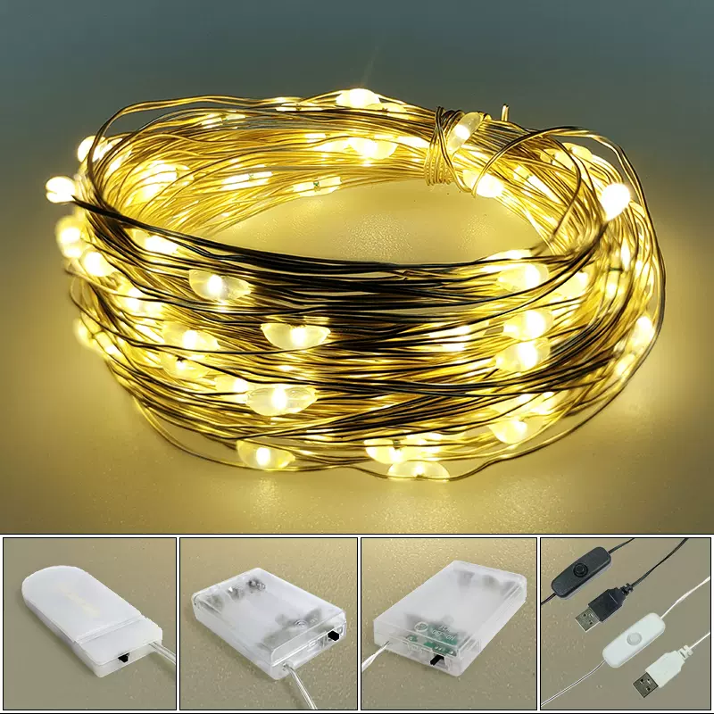 Led铜线灯房间小夜灯diy手工灯串钮扣电池usb彩