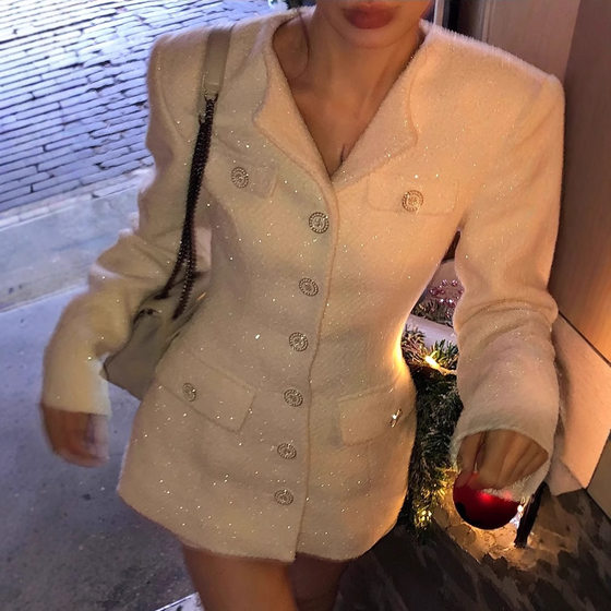 Designer women's light luxury white sparkling mid -length woolen coat 2024 winter collection waist coat small
