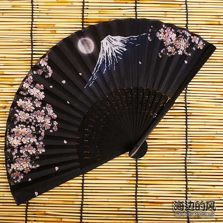 日本扇子日式和风布面折扇cosplay浴衣配饰富士山樱花夜摄影道具-Taobao