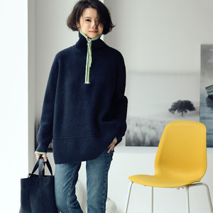 Free shipping M1201C Korean style casual simple color-blocked half-zip loose turtleneck versatile pullover sweater for women winter