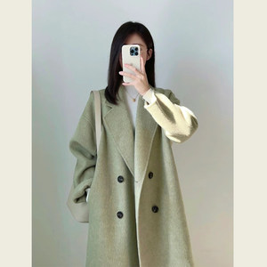 Korean high-end Hepburn style slim woolen coat green small wool coat women's mid-length style