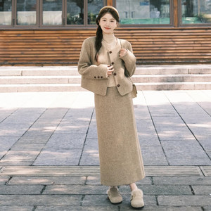 French high-end small fragrance style suit for women in autumn and winter wear celebrity gentle style jacket high waist skirt two-piece set
