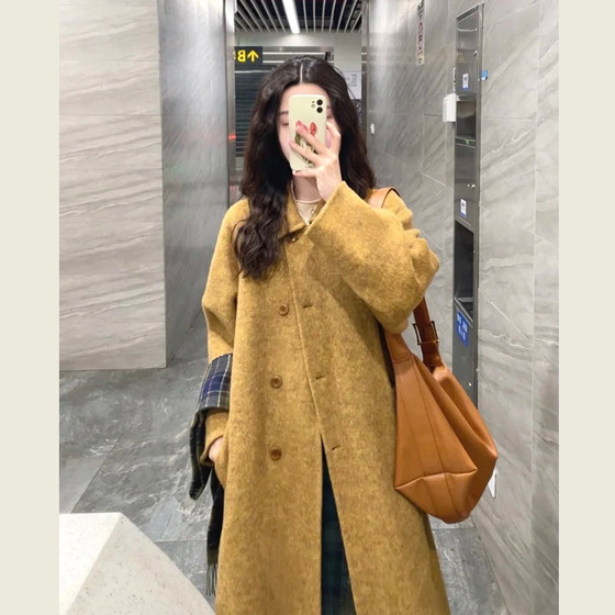 
Retro high-end brown lapel woolen coat for women winter new Korean style small medium-length woolen coat