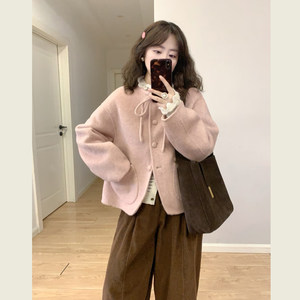 
Pink bow tie age-reducing woolen coat for women in autumn and winter small single-breasted short woolen coat