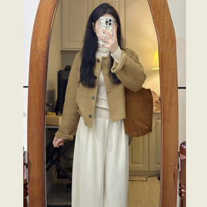 
Korean high-end brown and yellow small wool coat for women in autumn and winter versatile short cardigan top