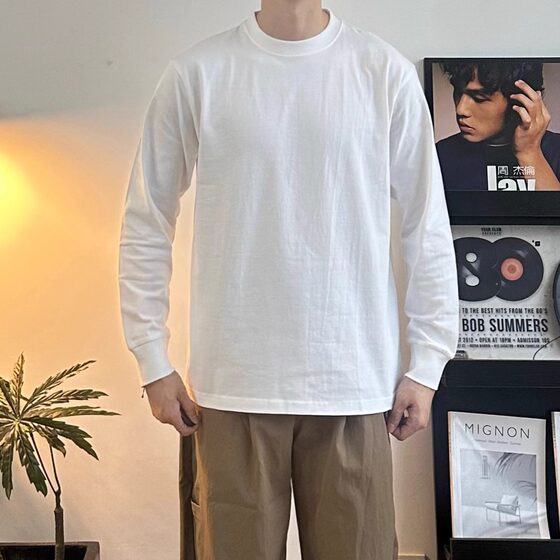 
WHICHONE autumn and winter basic solid color long-sleeved T-shirt men's loose round neck pure cotton bottoming shirt simple inner top