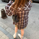 NAZ's large size spring dress American retro loose fashion spliced ​​plaid shirt fat mm letter casual top