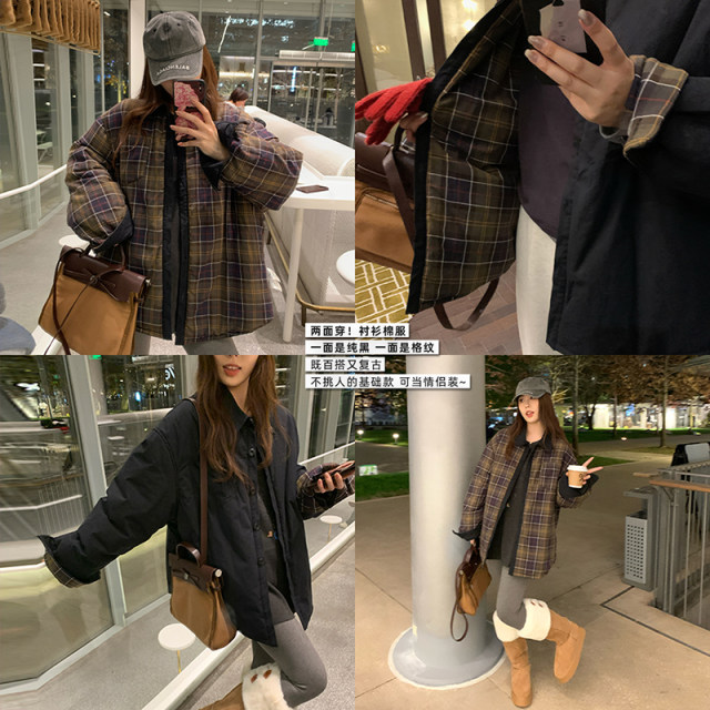 NAZ's large size winter new style design plaid slim cotton coat for fat mm reversible shirt and cotton-padded jacket